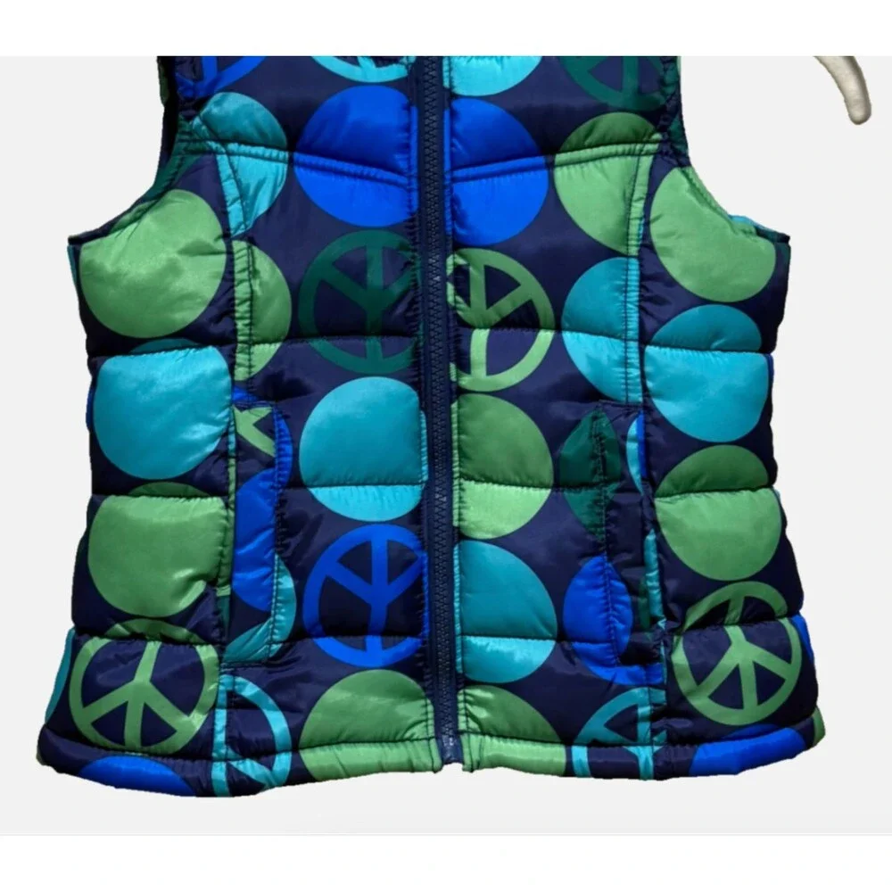 Old Navy Girls Puffer Vest XS Blue Green Peace Sign Bubble Y2K Retro Zip Coat